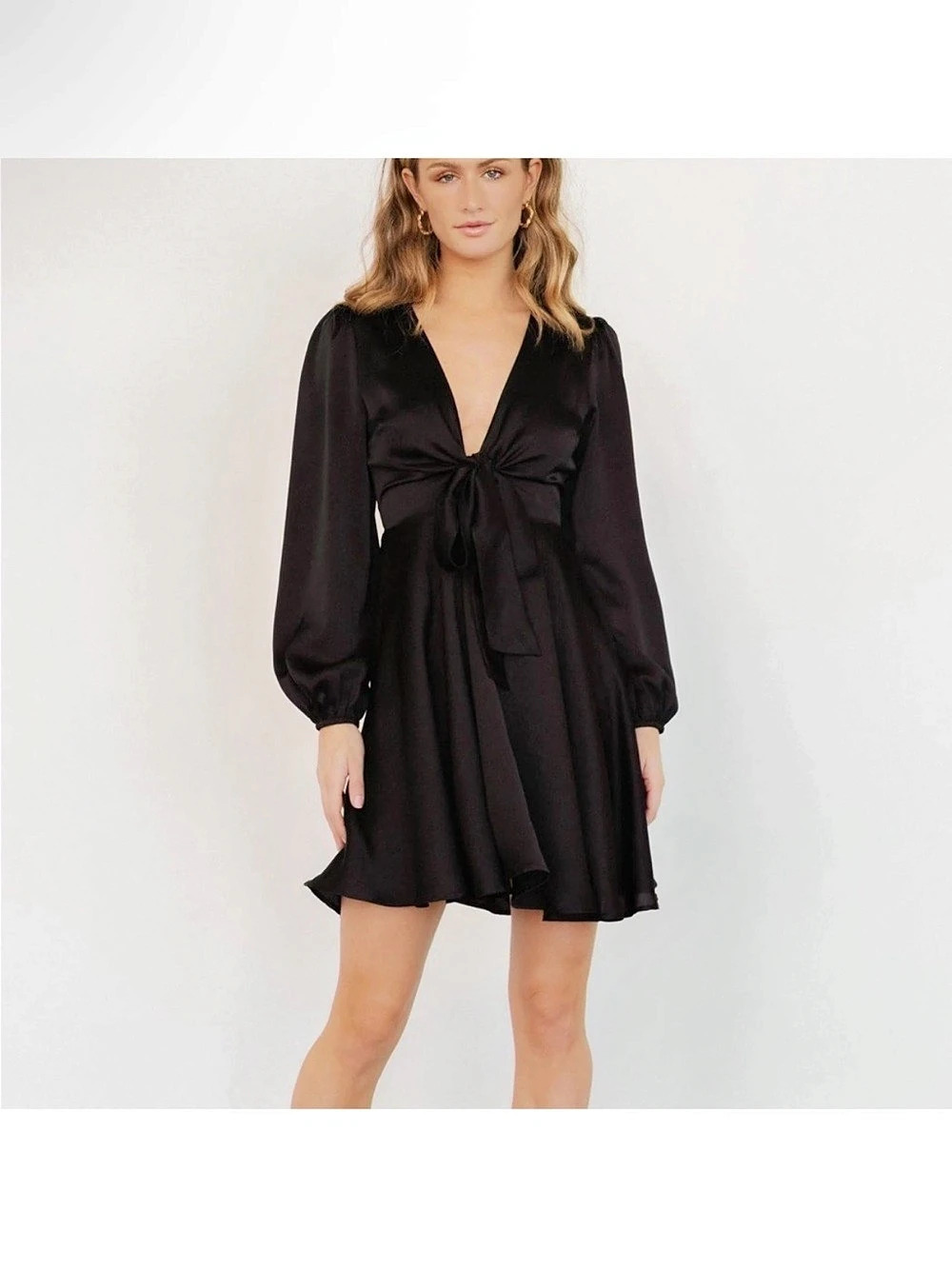 Baltic Born Woodbury Satin Mini Dress Black  long sleeve tie front Small S